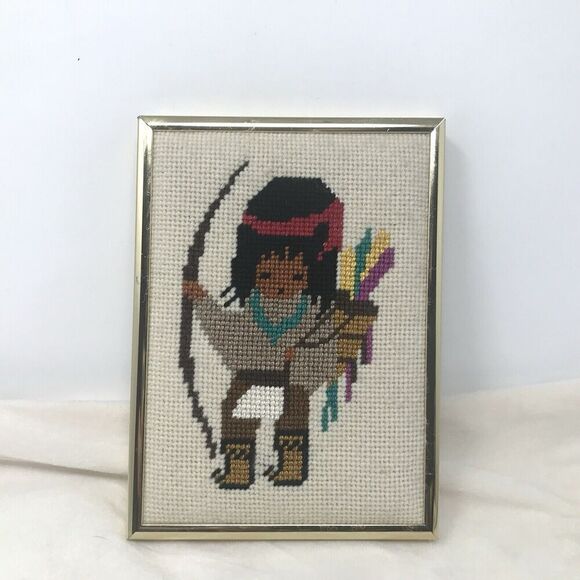 Vintage Ted DeGrazia Framed Needlepoint Wall Art Southwestern Boy My First Arrow - Picture 8 of 8
